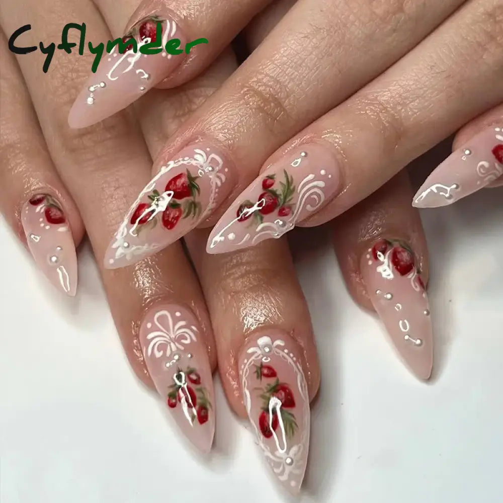 Cyflymder 24pcs Pink Bow Design Glossy Press on Nails Wearable Detachable Almond Fake Nail Tips for Girls Lady Korean