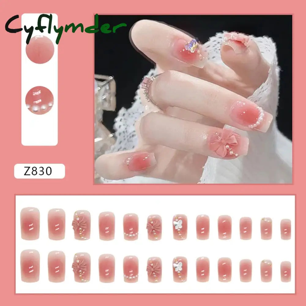 Cyflymder 24pcs Pink Bow Design Glossy Press on Nails Wearable Detachable Almond Fake Nail Tips for Girls Lady Korean