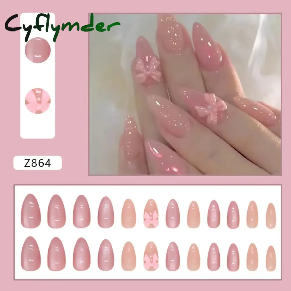 Cyflymder 24pcs Pink Bow Design Glossy Press on Nails Wearable Detachable Almond Fake Nail Tips for Girls Lady Korean