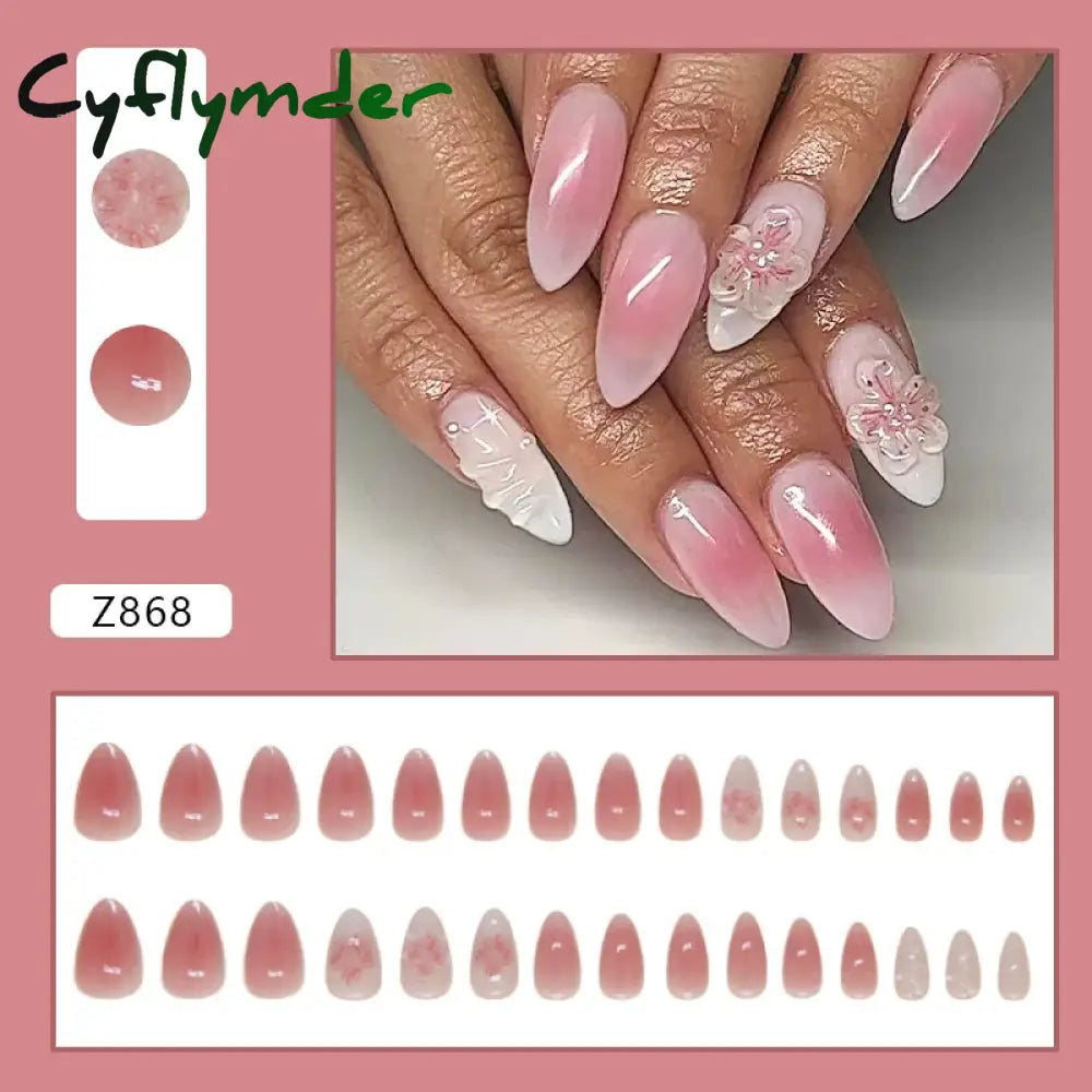 Cyflymder 24pcs Pink Bow Design Glossy Press on Nails Wearable Detachable Almond Fake Nail Tips for Girls Lady Korean