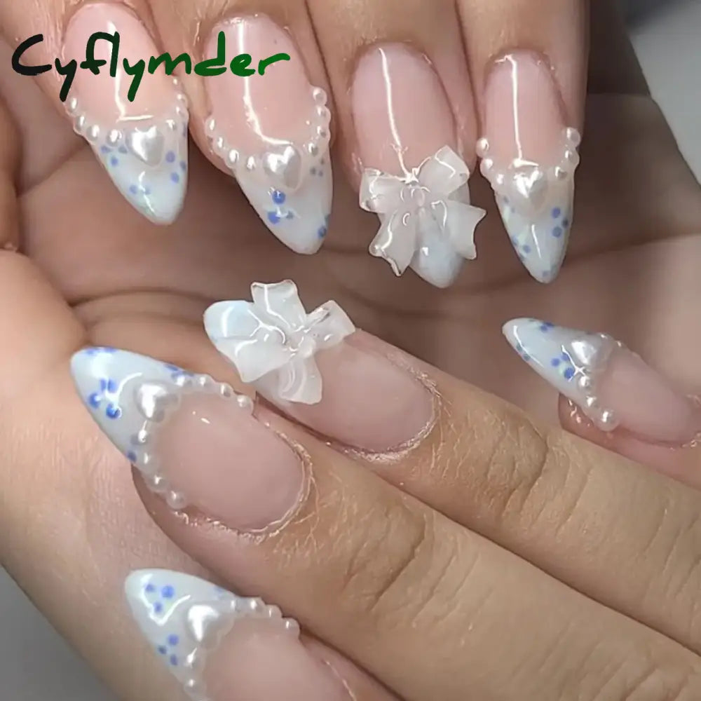 Cyflymder 24PCS Pink Cute Girl Bow French Nail Art Full Cover Wearable Detachable Fake Nails Press On Nails Almond