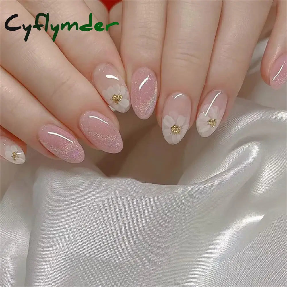 Cyflymder 24PCS Pink Cute Girl Bow French Nail Art Full Cover Wearable Detachable Fake Nails Press On Nails Almond