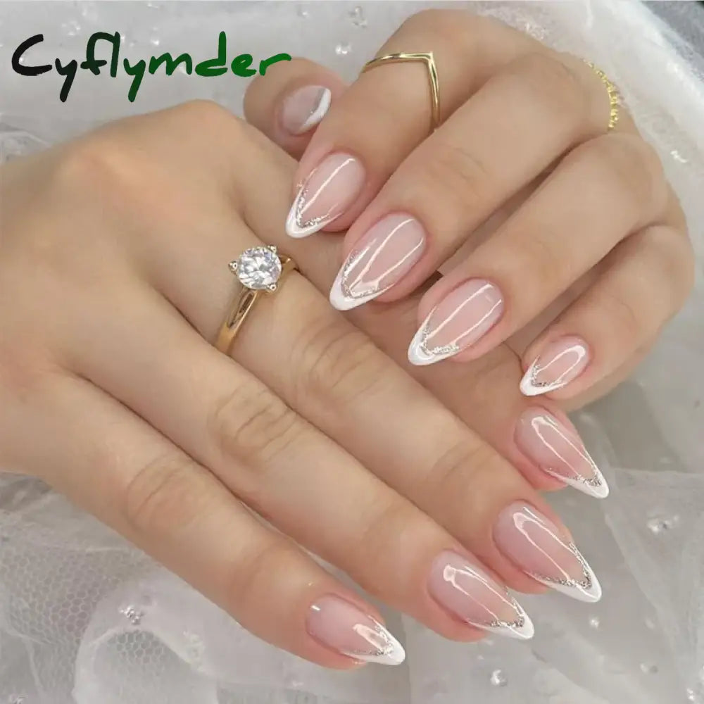 Cyflymder 24PCS Pink Cute Girl Bow French Nail Art Full Cover Wearable Detachable Fake Nails Press On Nails Almond