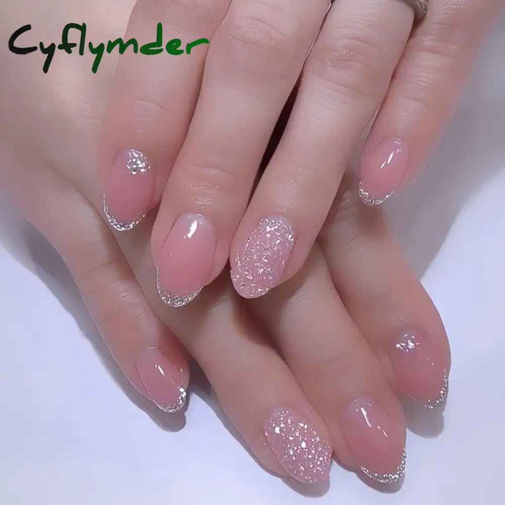 Cyflymder 24PCS Pink Cute Girl Bow French Nail Art Full Cover Wearable Detachable Fake Nails Press On Nails Almond