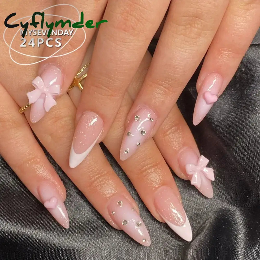 Cyflymder 24PCS Pink Cute Girl Bow French Nail Art Full Cover Wearable Detachable Fake Nails Press On Nails Almond