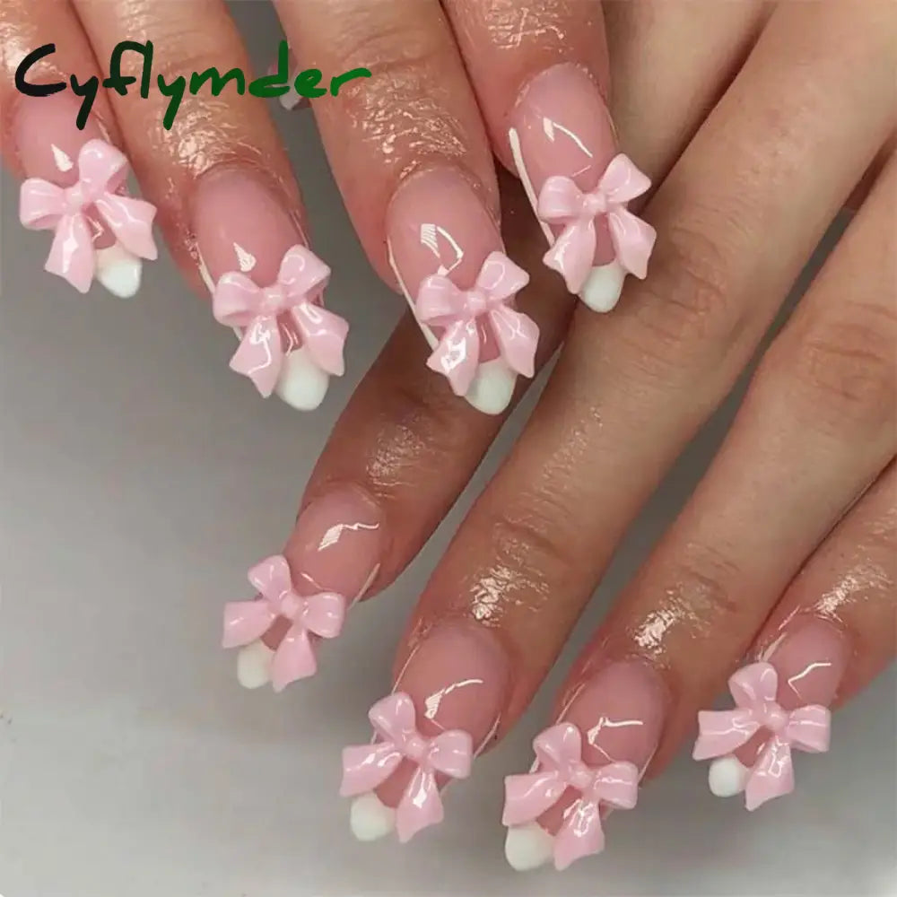 Cyflymder 24PCS Pink Cute Girl Bow French Nail Art Full Cover Wearable Detachable Fake Nails Press On Nails Almond