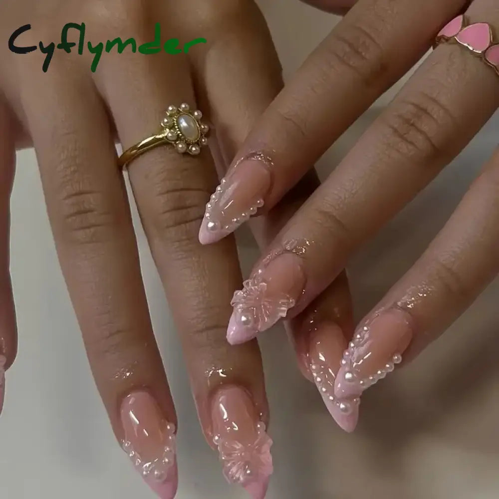 Cyflymder 24PCS Pink Cute Girl Bow French Nail Art Full Cover Wearable Detachable Fake Nails Press On Nails Almond