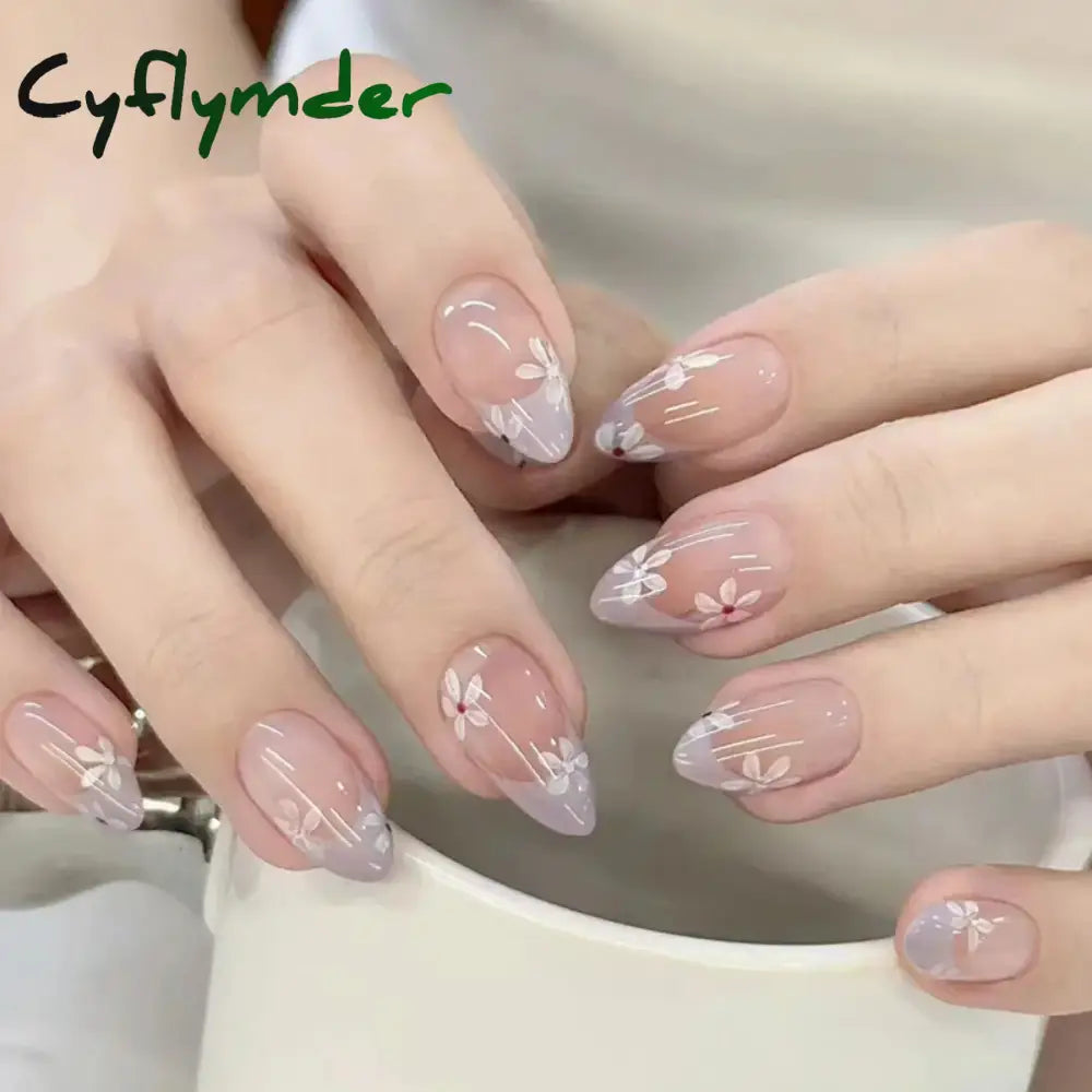 Cyflymder 24PCS Pink Cute Girl Bow French Nail Art Full Cover Wearable Detachable Fake Nails Press On Nails Almond