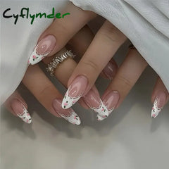 Cyflymder 24PCS Pink Cute Girl Bow French Nail Art Full Cover Wearable Detachable Fake Nails Press On Nails Almond