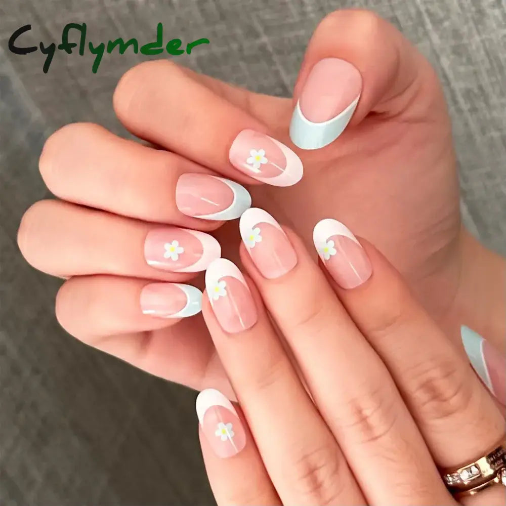 Cyflymder 24PCS Pink Cute Girl Bow French Nail Art Full Cover Wearable Detachable Fake Nails Press On Nails Almond