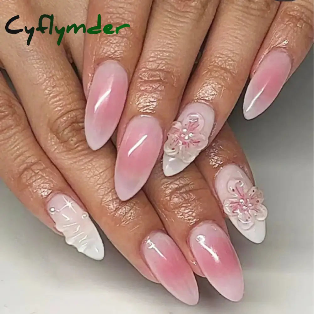 Cyflymder 24PCS Pink Cute Girl Bow French Nail Art Full Cover Wearable Detachable Fake Nails Press On Nails Almond