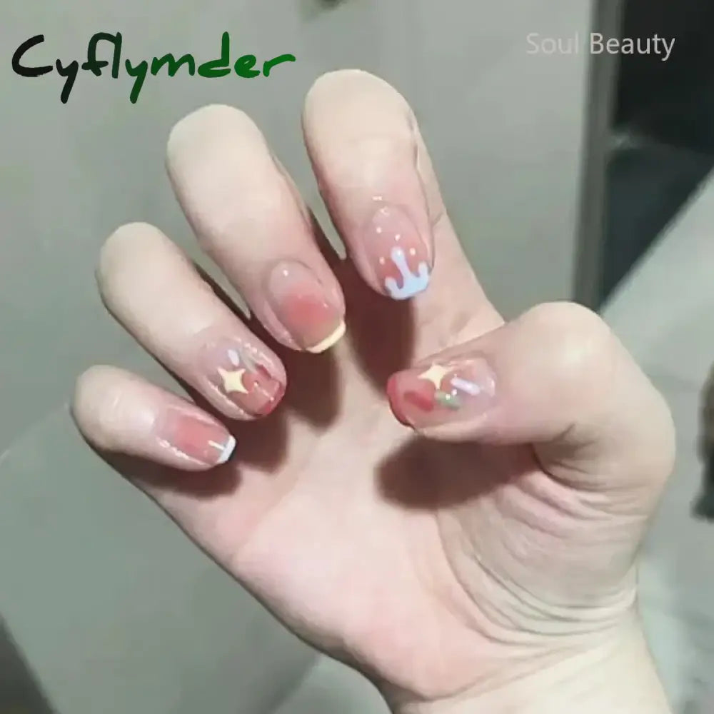 Cyflymder 24Pcs Pink Transparent Wearable Fake Nails Tips Peach Gradient Press On Art Full Coverage