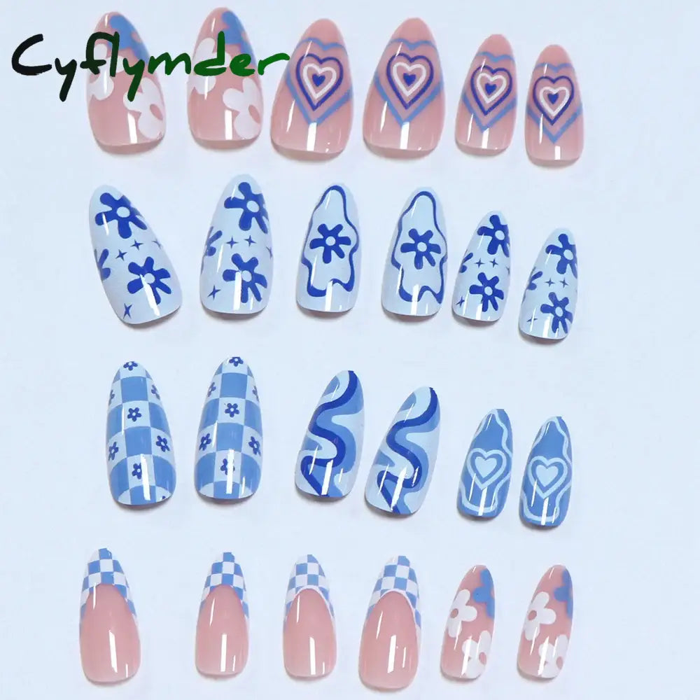 Cyflymder 24Pcs Press On Nails Long Almond Blue Line Love Flower Lattice Print Fake Nail French Tip