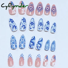 Cyflymder 24Pcs Press On Nails Long Almond Blue Line Love Flower Lattice Print Fake Nail French Tip