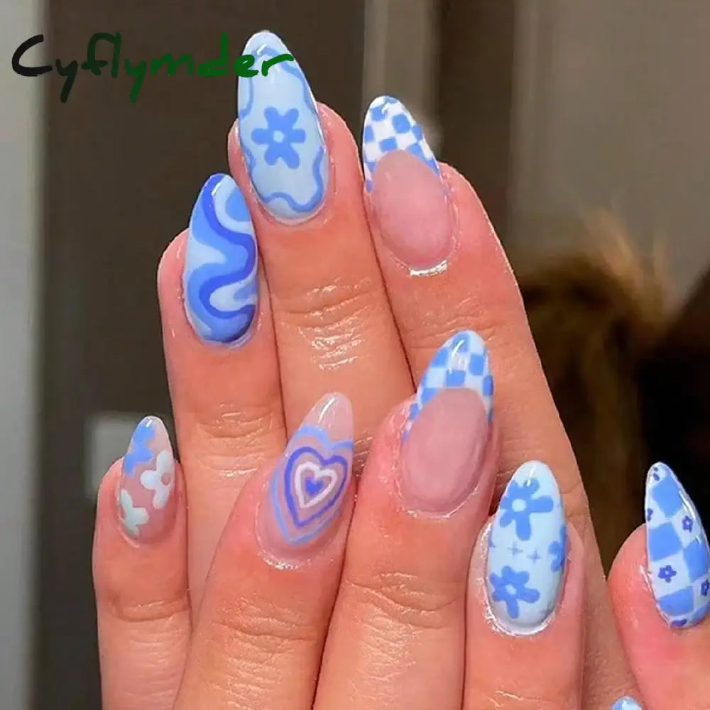 24pcs Press on Nails  Long Almond Blue Line Love Flower Lattice Print Fake Nail French Tip Press on Nails Cute Nail