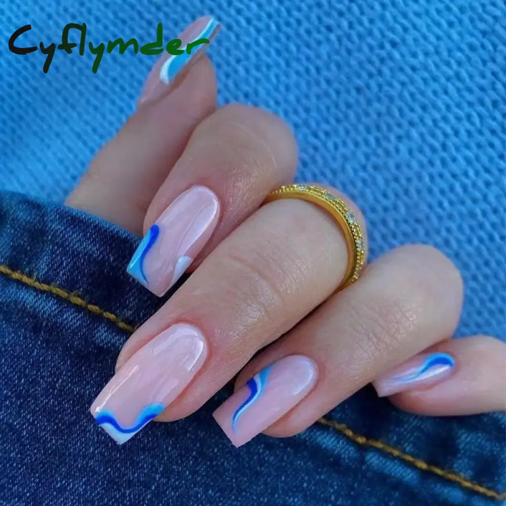 Cyflymder 24Pcs Press On Nails Simple French Colorful Wavy Abstract Line Fake Nails Full Cover Nail Art Tips Coffin