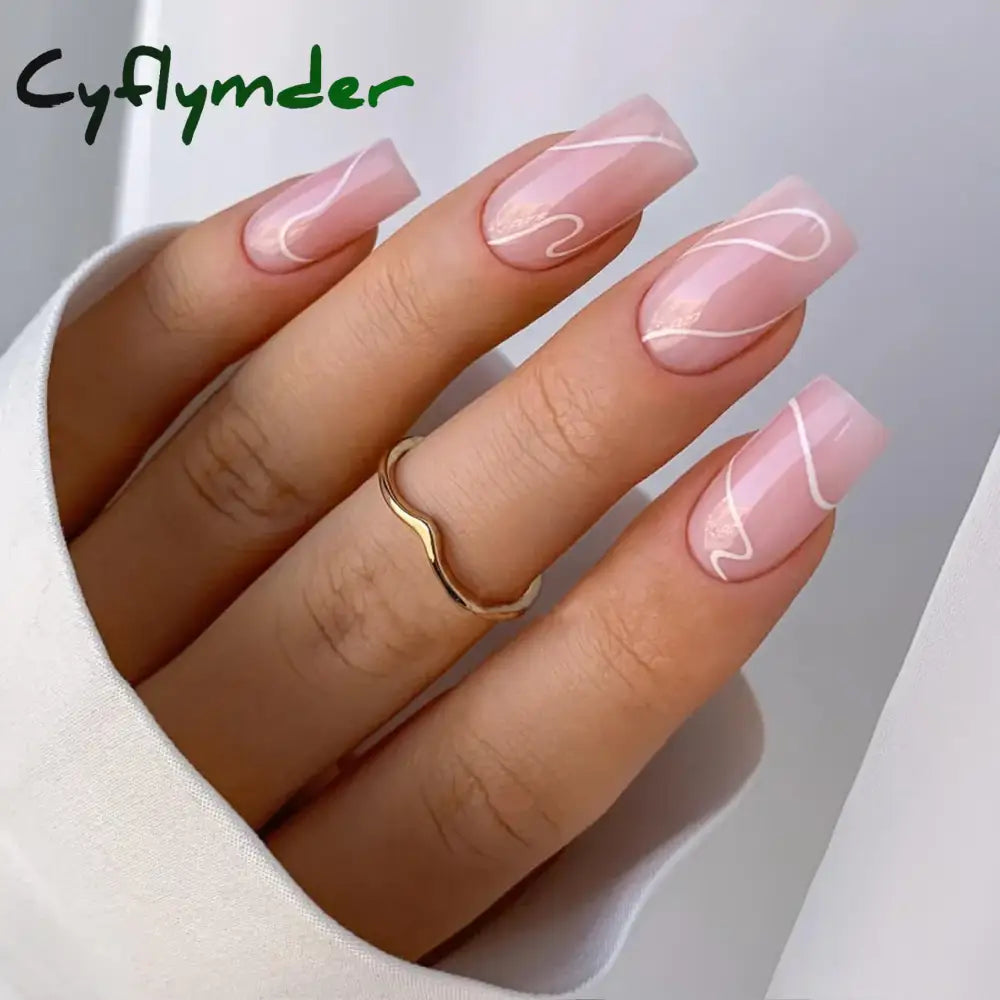 Cyflymder 24Pcs Press On Nails Simple French Colorful Wavy Abstract Line Fake Nails Full Cover Nail Art Tips Coffin