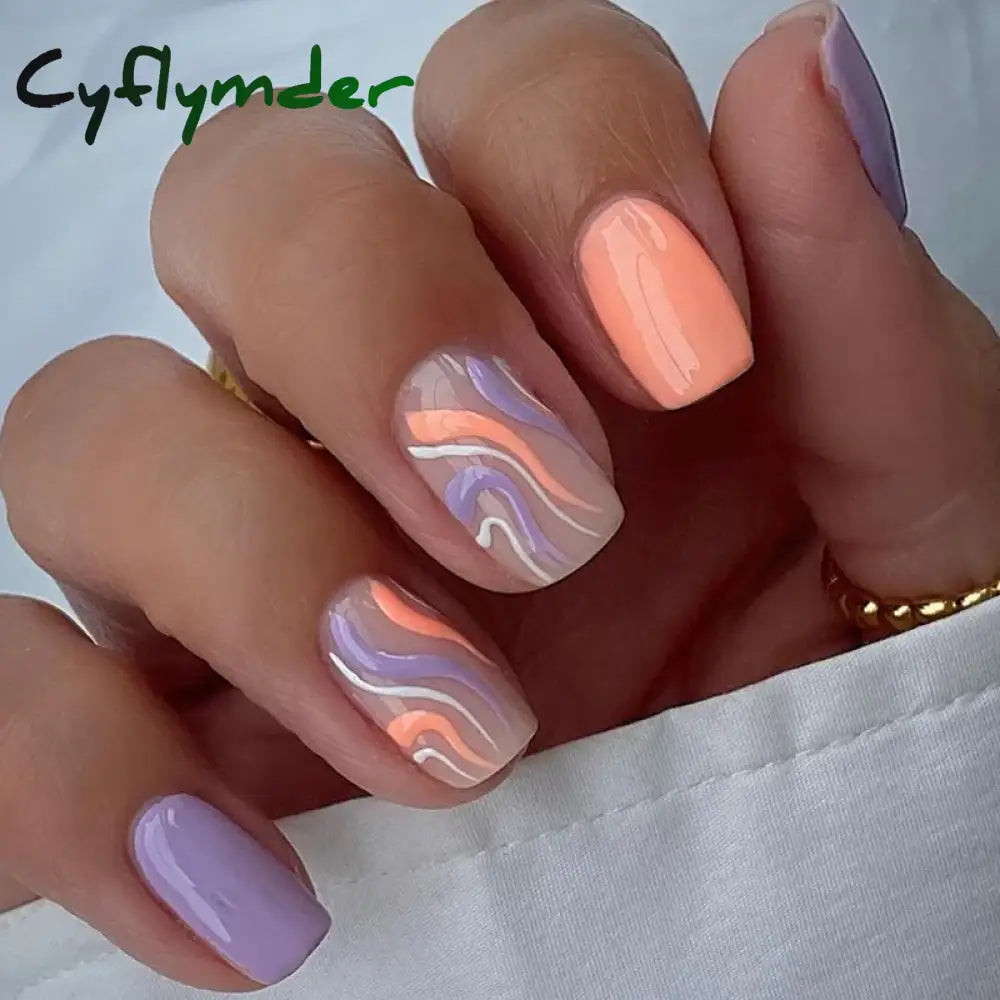 Cyflymder 24Pcs Press On Nails Simple French Colorful Wavy Abstract Line Fake Nails Full Cover Nail Art Tips Coffin