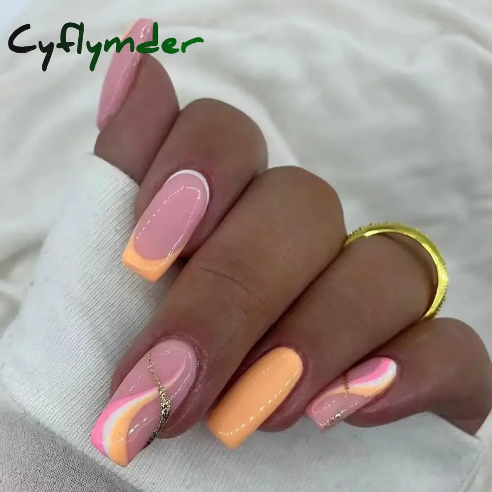 Cyflymder 24Pcs Press On Nails Simple French Colorful Wavy Abstract Line Fake Nails Full Cover Nail Art Tips Coffin