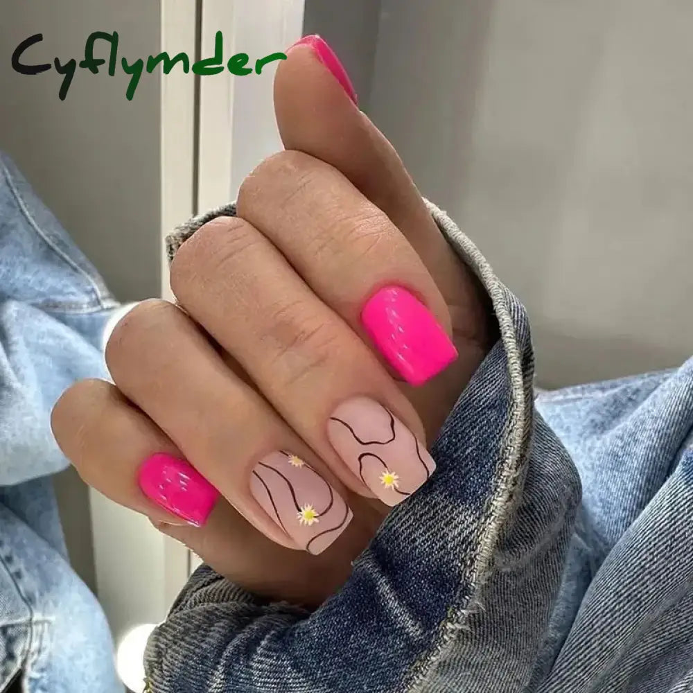 Cyflymder 24Pcs Press On Nails Simple French Colorful Wavy Abstract Line Fake Nails Full Cover Nail Art Tips Coffin