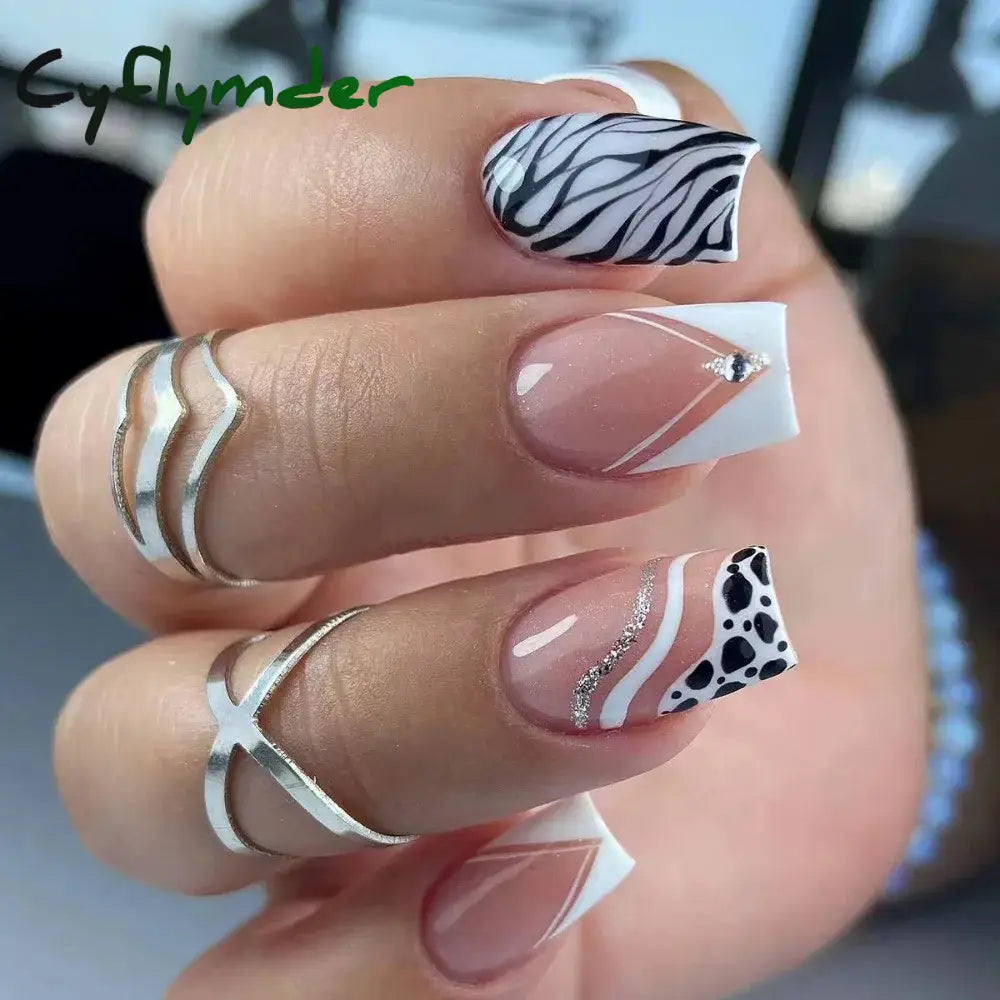 Cyflymder 24Pcs Press On Nails Simple French Colorful Wavy Abstract Line Fake Nails Full Cover Nail Art Tips Coffin