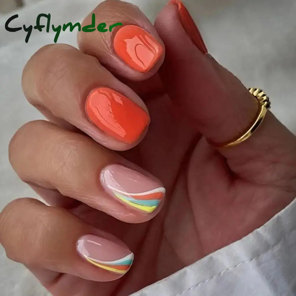 Cyflymder 24Pcs Press On Nails Simple French Colorful Wavy Abstract Line Fake Nails Full Cover Nail Art Tips Coffin