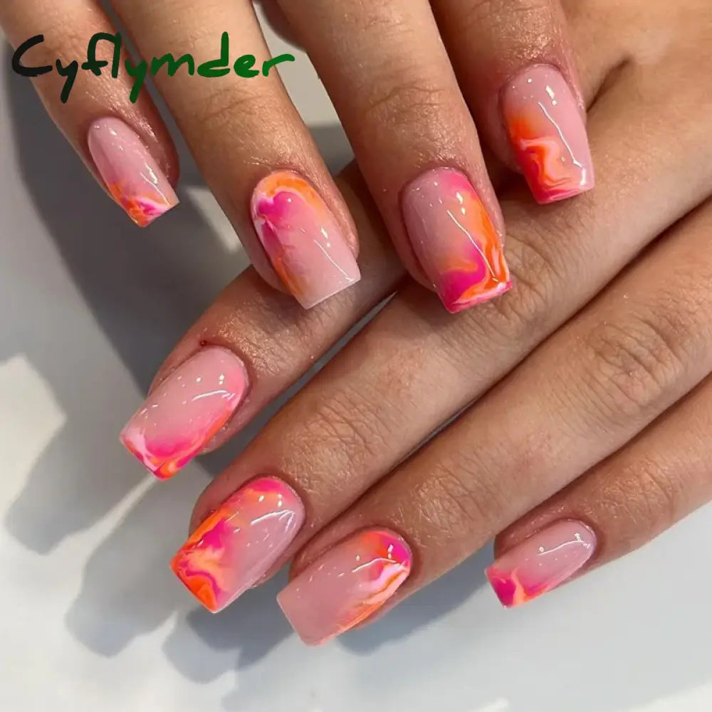 Cyflymder 24Pcs Press On Nails Simple French Colorful Wavy Abstract Line Fake Nails Full Cover Nail Art Tips Coffin