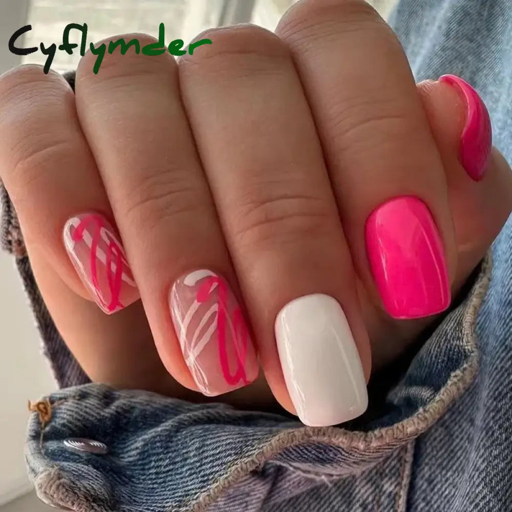 Cyflymder 24Pcs Press On Nails Simple French Colorful Wavy Abstract Line Fake Nails Full Cover Nail Art Tips Coffin