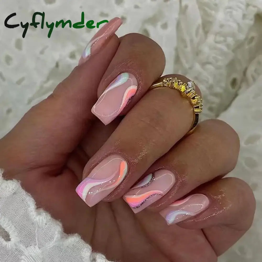 Cyflymder 24Pcs Press On Nails Simple French Colorful Wavy Abstract Line Fake Nails Full Cover Nail Art Tips Coffin