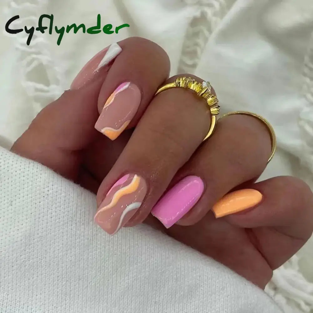 Cyflymder 24Pcs Press On Nails Simple French Colorful Wavy Abstract Line Fake Nails Full Cover Nail Art Tips Coffin