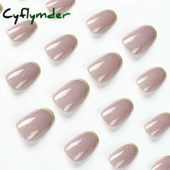 Cyflymder 24Pcs Removable Wearable False Nails Art Short Glitter French Gold Edge Fake Waterproof