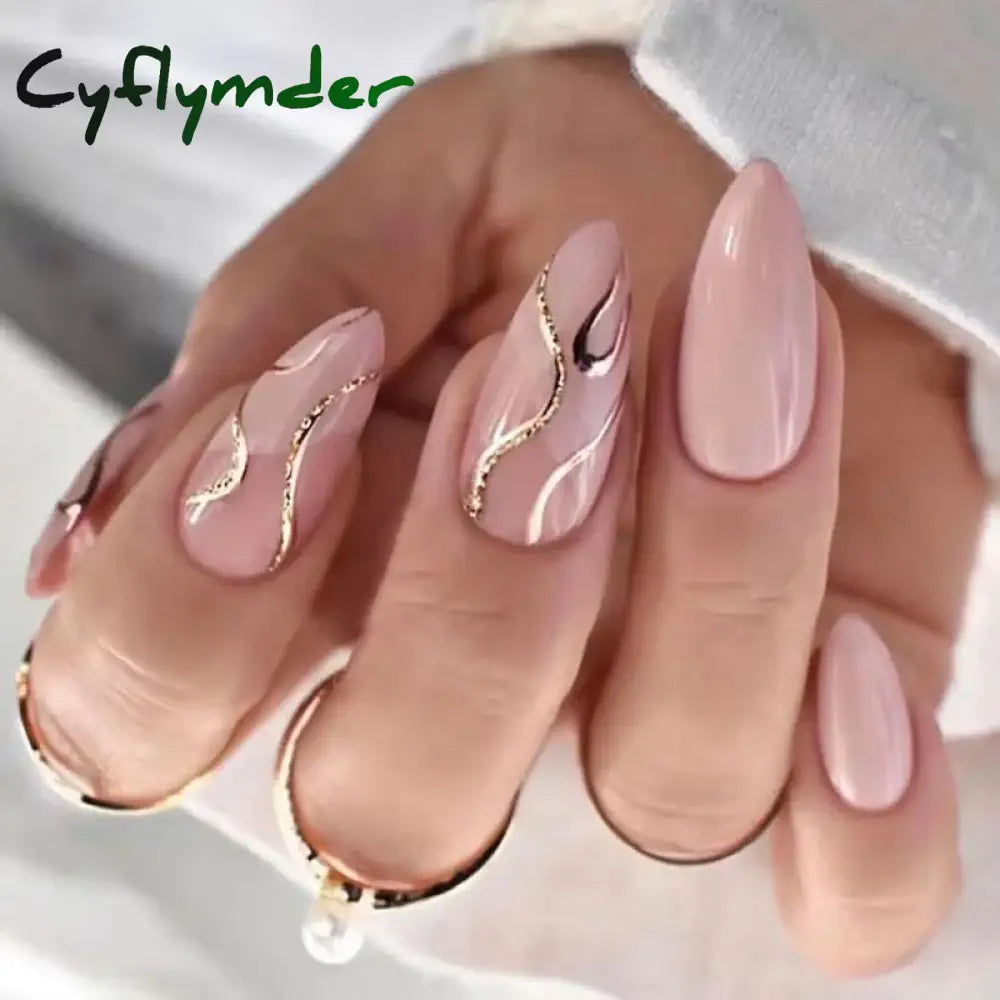 Cyflymder 24Pcs Round Head Fake Nails With French Design Long Almond Pink Love False Nail Tips