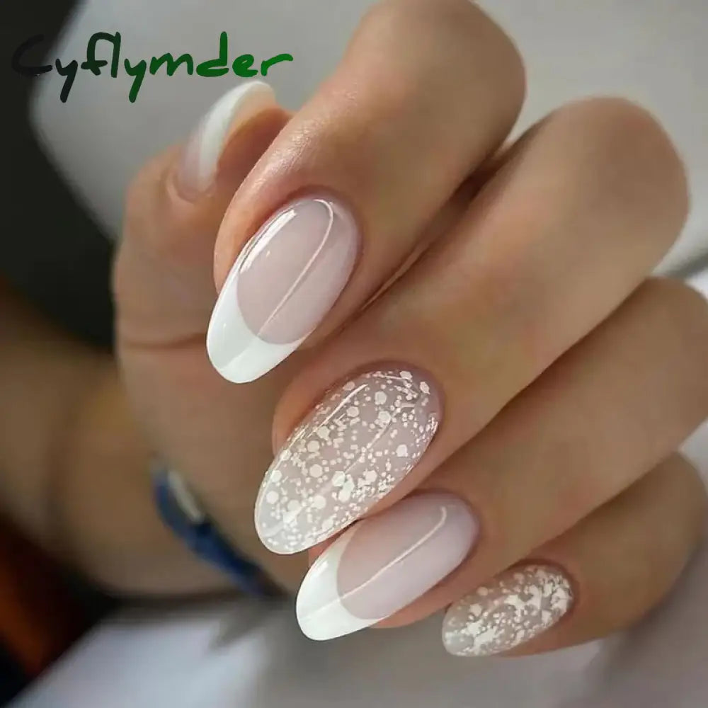 Cyflymder 24Pcs Round Head Fake Nails With French Design Long Almond Pink Love False Nail Tips