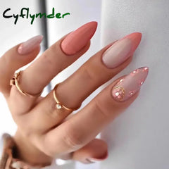 Cyflymder 24Pcs Round Head Fake Nails With French Design Long Almond Pink Love False Nail Tips