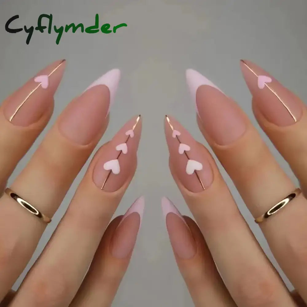 Cyflymder 24Pcs Round Head Fake Nails With French Design Long Almond Pink Love False Nail Tips