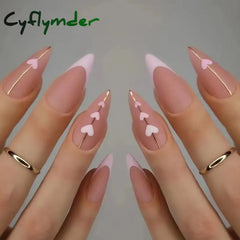 Cyflymder 24Pcs Round Head Fake Nails With French Design Long Almond Pink Love False Nail Tips