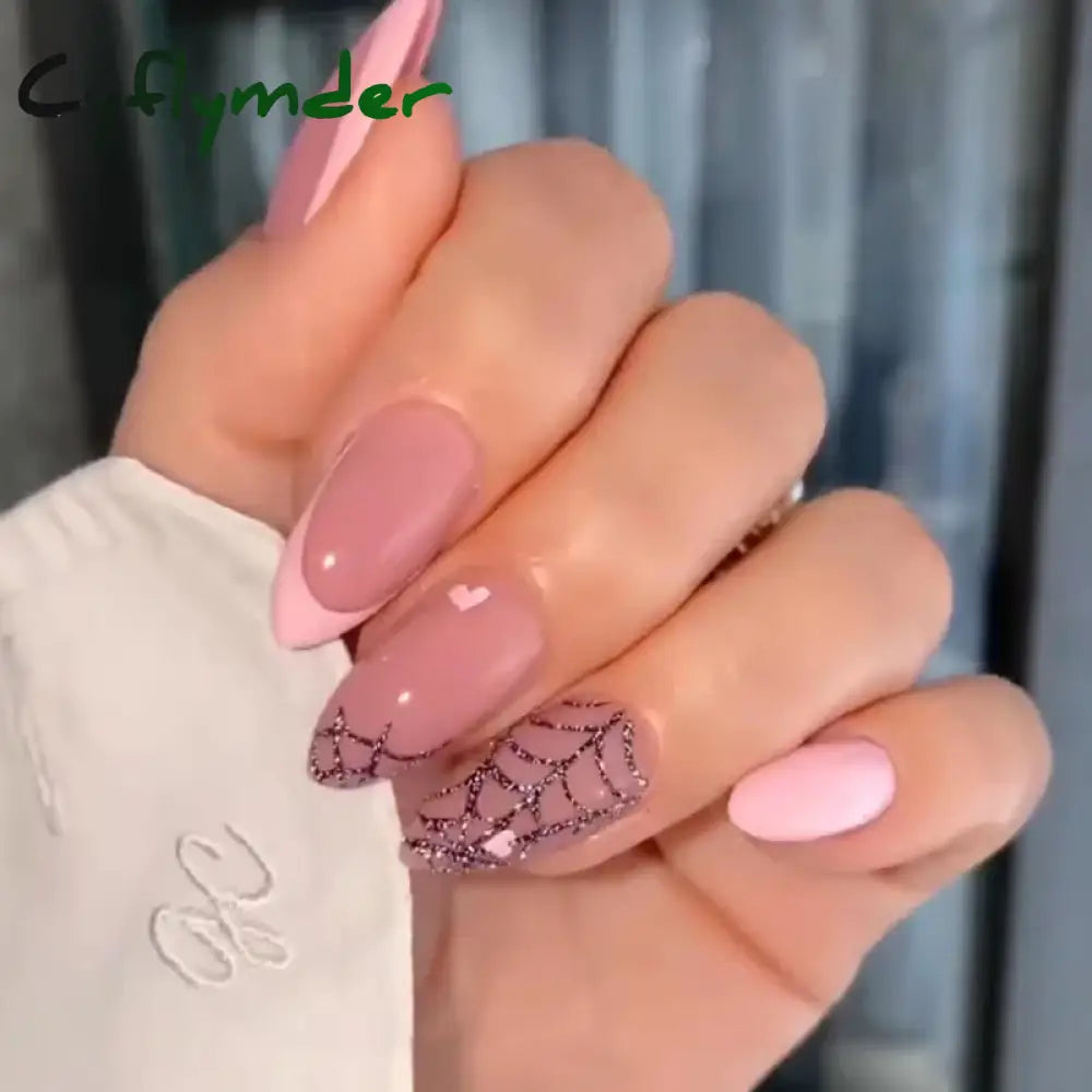 Cyflymder 24Pcs Round Head Fake Nails With French Design Long Almond Pink Love False Nail Tips