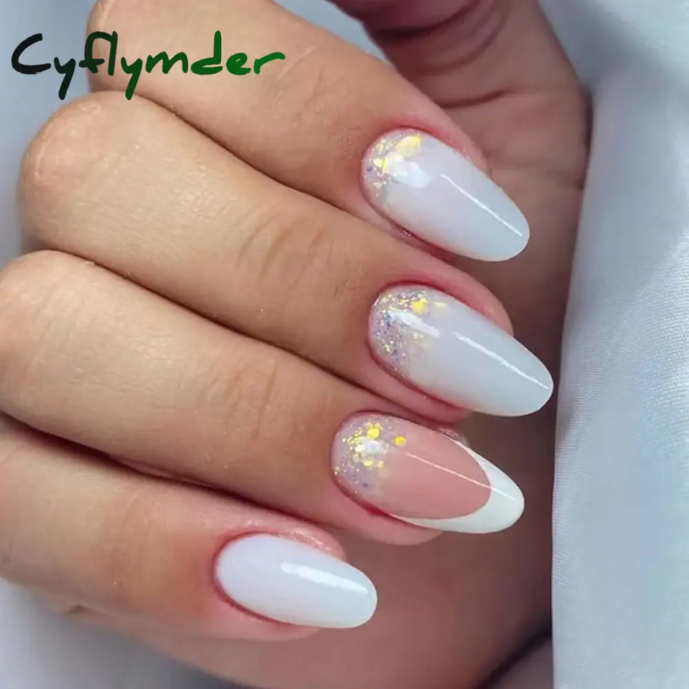 Cyflymder 24Pcs Round Head Fake Nails With French Design Long Almond Pink Love False Nail Tips