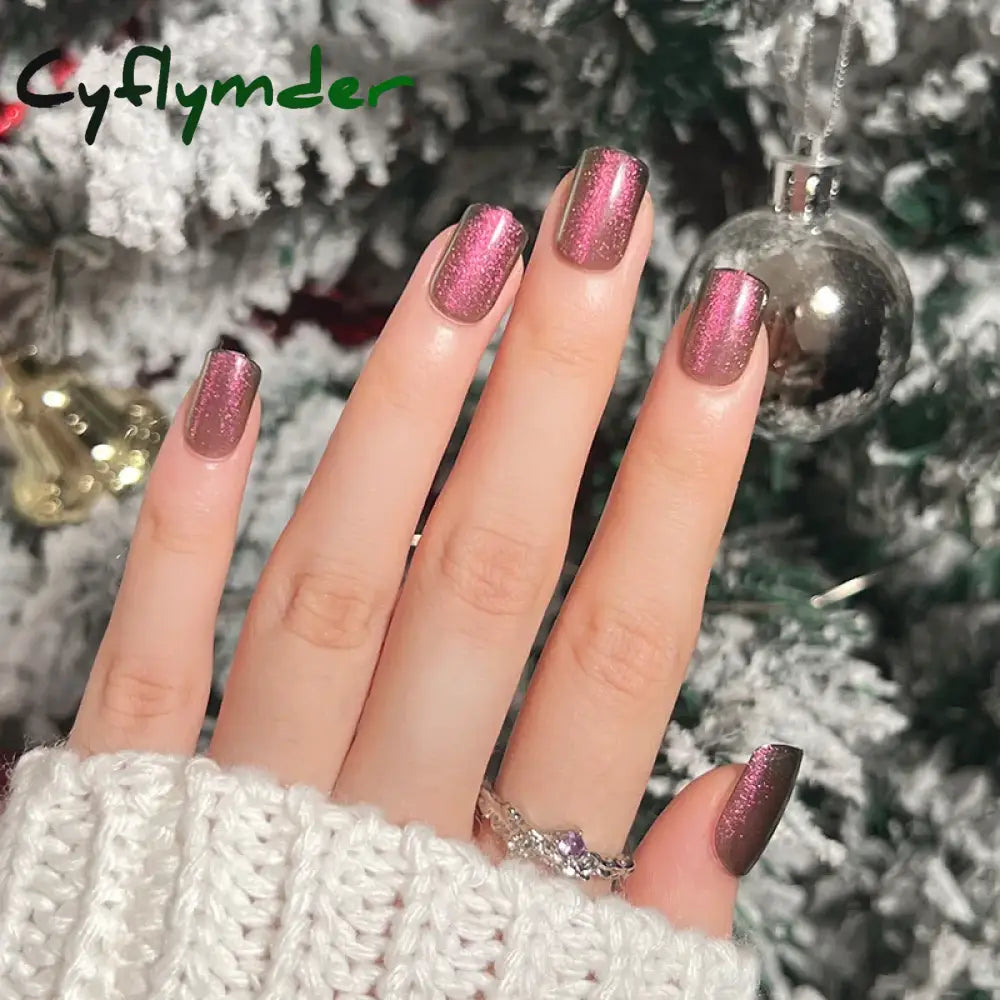 Cyflymder 24pcs/set Cat Eyes Fake Nails for Women Girls Red Brown Green Blue Grey Sparkling Short Tips Faux Ongles