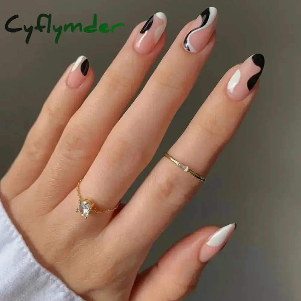 Cyflymder 24Pcs/Set Fake Nails With Glue Full Cover Nail Tips Press On Med Nails DIY Manicure Oval Head False Nails