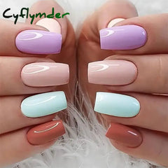 Cyflymder 24Pcs/Set Short Square Fake Nails For Women Girls Pink Green Blue Yellow Purple Tips Faux