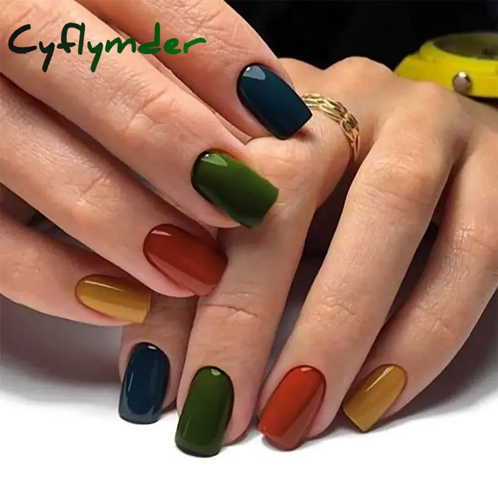 Cyflymder 24Pcs/Set Short Square Fake Nails For Women Girls Pink Green Blue Yellow Purple Tips Faux