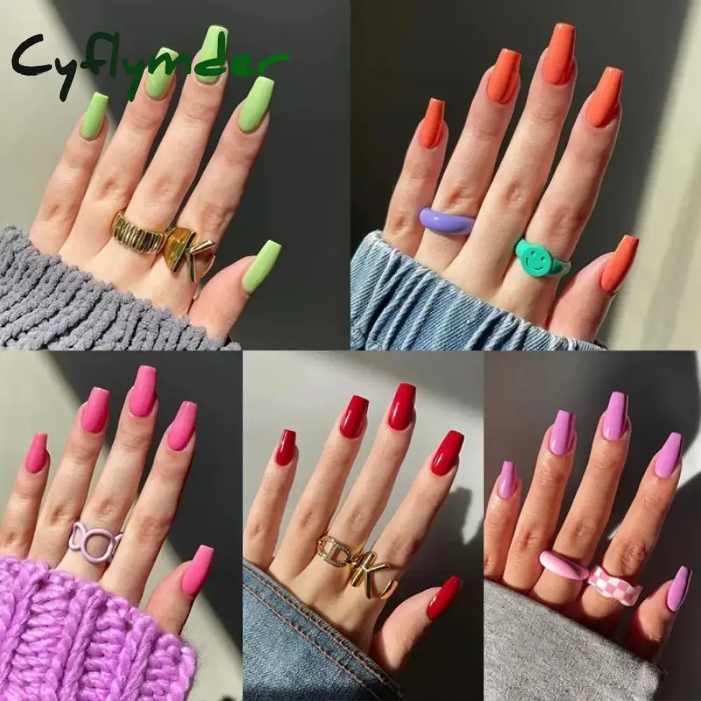 Cyflymder 24Pcs/Set Wearing Removable False Nails Patch Solid Color Simple Medium Long Ballet Press