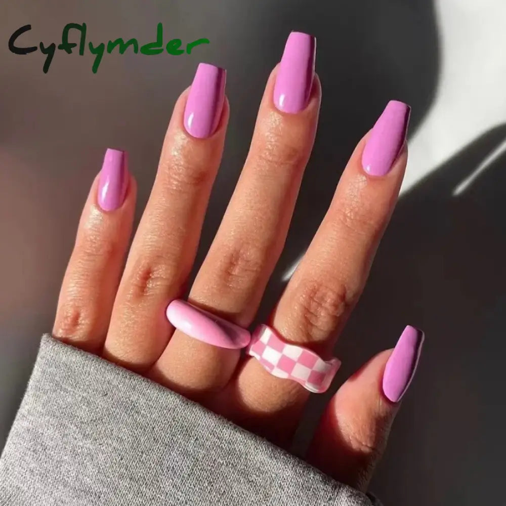 Cyflymder 24Pcs/Set Wearing Removable False Nails Patch Solid Color Simple Medium Long Ballet Press