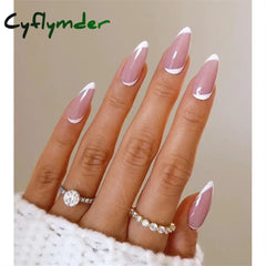 Cyflymder 24Pcs/Set White Long Almond Fake Nails Art Black Heart Oval Artificial Removable Acrylic