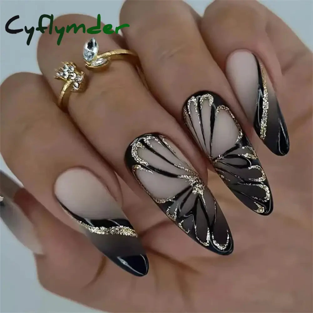 Cyflymder 24Pcs/Set White Long Almond Fake Nails Art Black Heart Oval Artificial Removable Acrylic