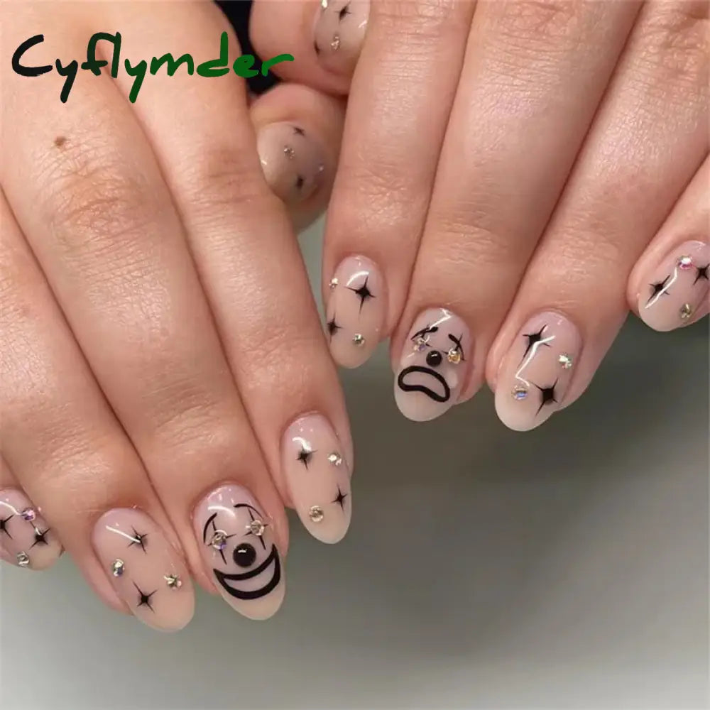 Cyflymder 24Pcs/Set White Long Almond Fake Nails Art Black Heart Oval Artificial Removable Acrylic