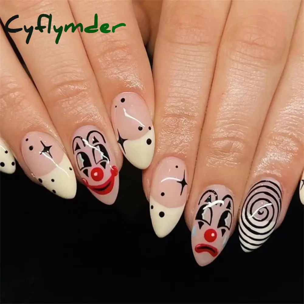 Cyflymder 24Pcs/Set White Long Almond Fake Nails Art Black Heart Oval Artificial Removable Acrylic