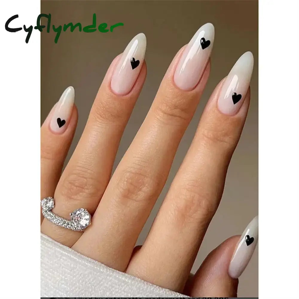 24Pcs/Set White Long Almond Fake Nails Art Black Heart Oval Artificial Removable Acrylic Press on Nail Hot Sale Stick on Nails