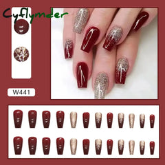 Cyflymder 24Pcs/Set Wine Red Long Ballet Fake Nails Gold Glitter Gradient Artificial Removable